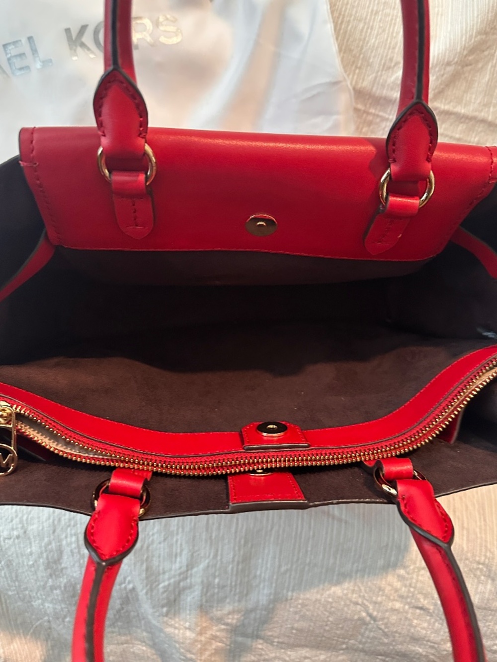 Michael Kors Hamilton Legacy Large Leather Satchel Tote Red Gold Lock Crossbody - Picture 4 of 6